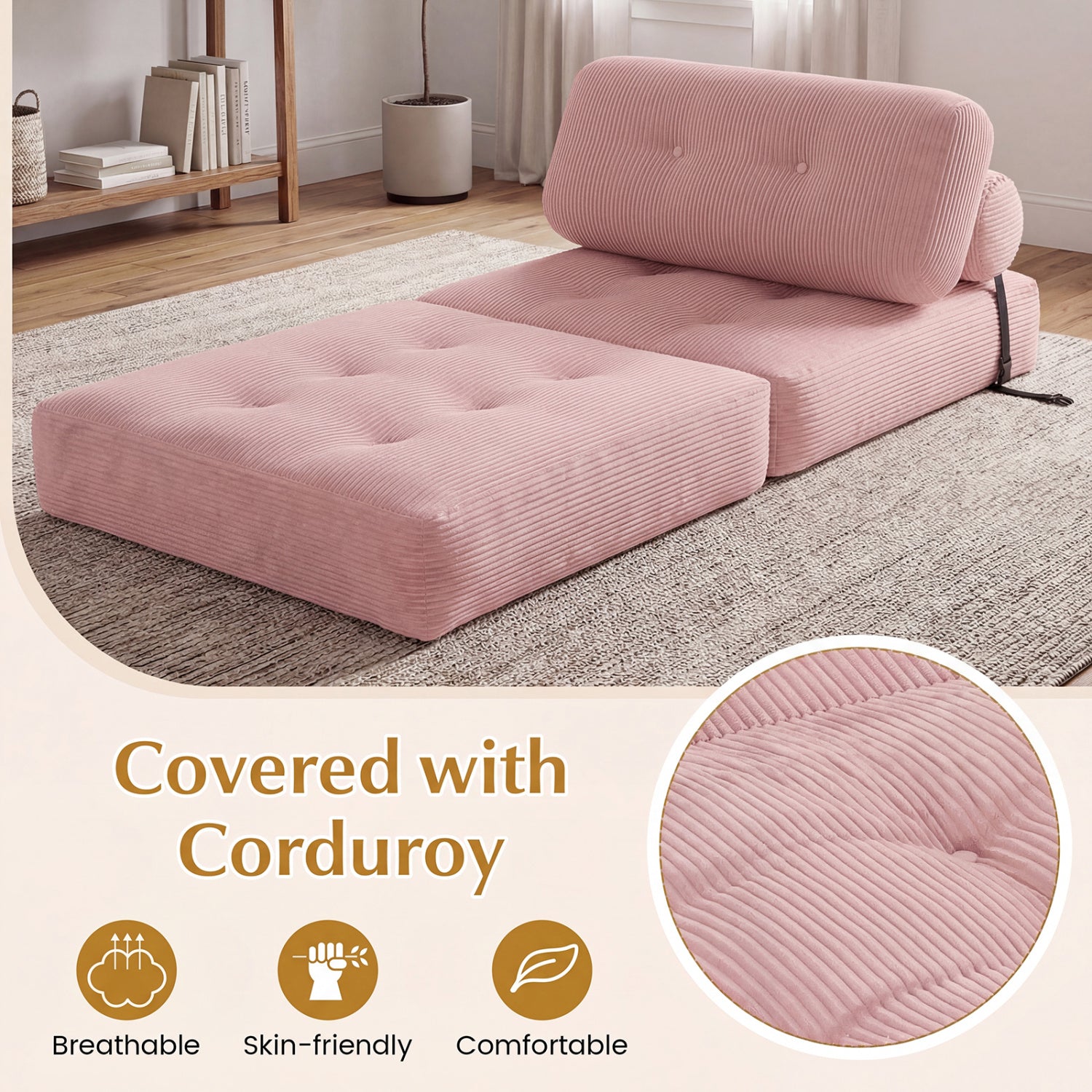 Folding Sofa Bed with Pillow and Back Support for Living Room-Pink