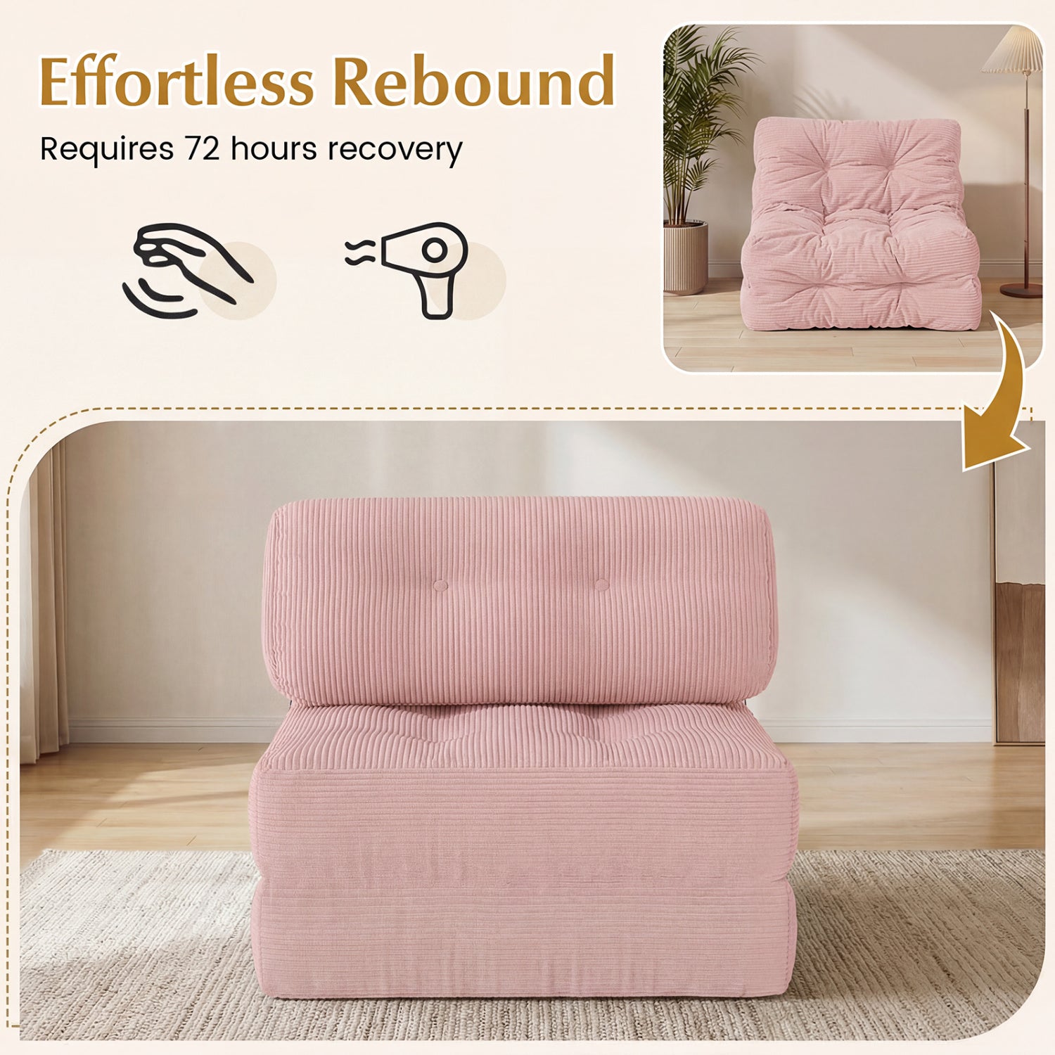 Folding Sofa Bed with Pillow and Back Support for Living Room-Pink