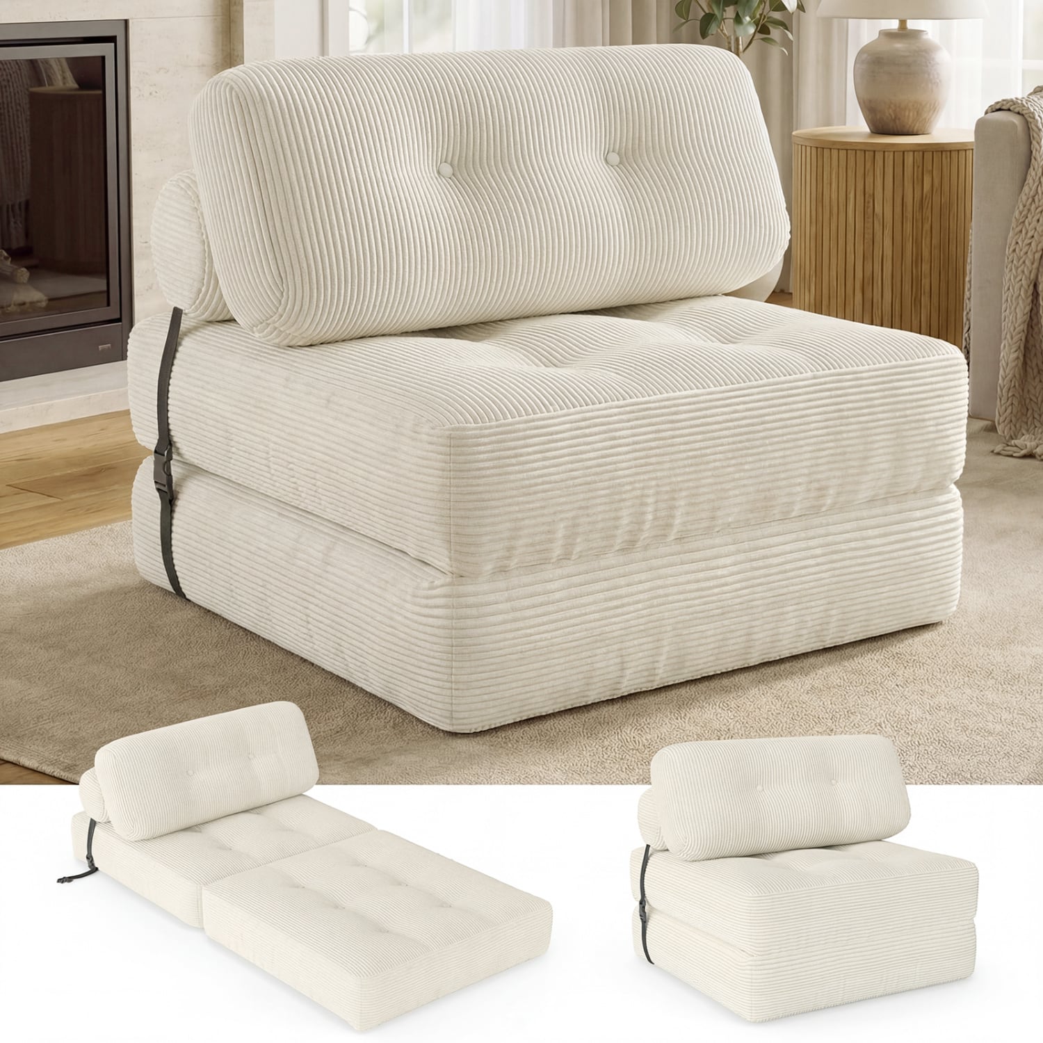 Folding Sofa Bed with Pillow and Back Support for Living Room-Beige