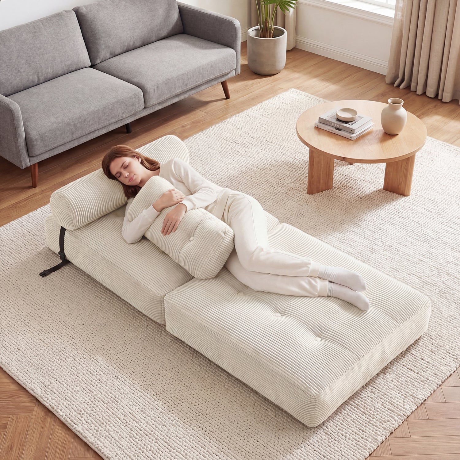 Folding Sofa Bed with Pillow and Back Support for Living Room-Beige