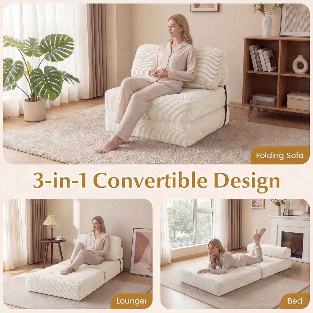 Folding Sofa Bed with Pillow and Back Support for Living Room-Beige