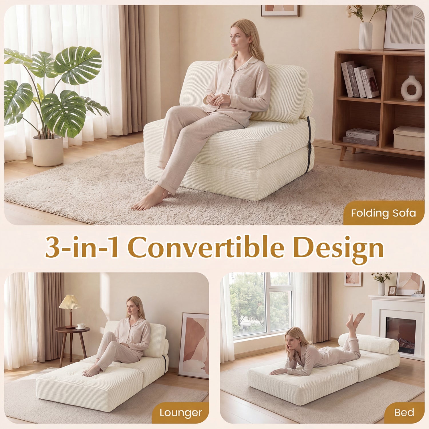 Folding Sofa Bed with Pillow and Back Support for Living Room-Beige