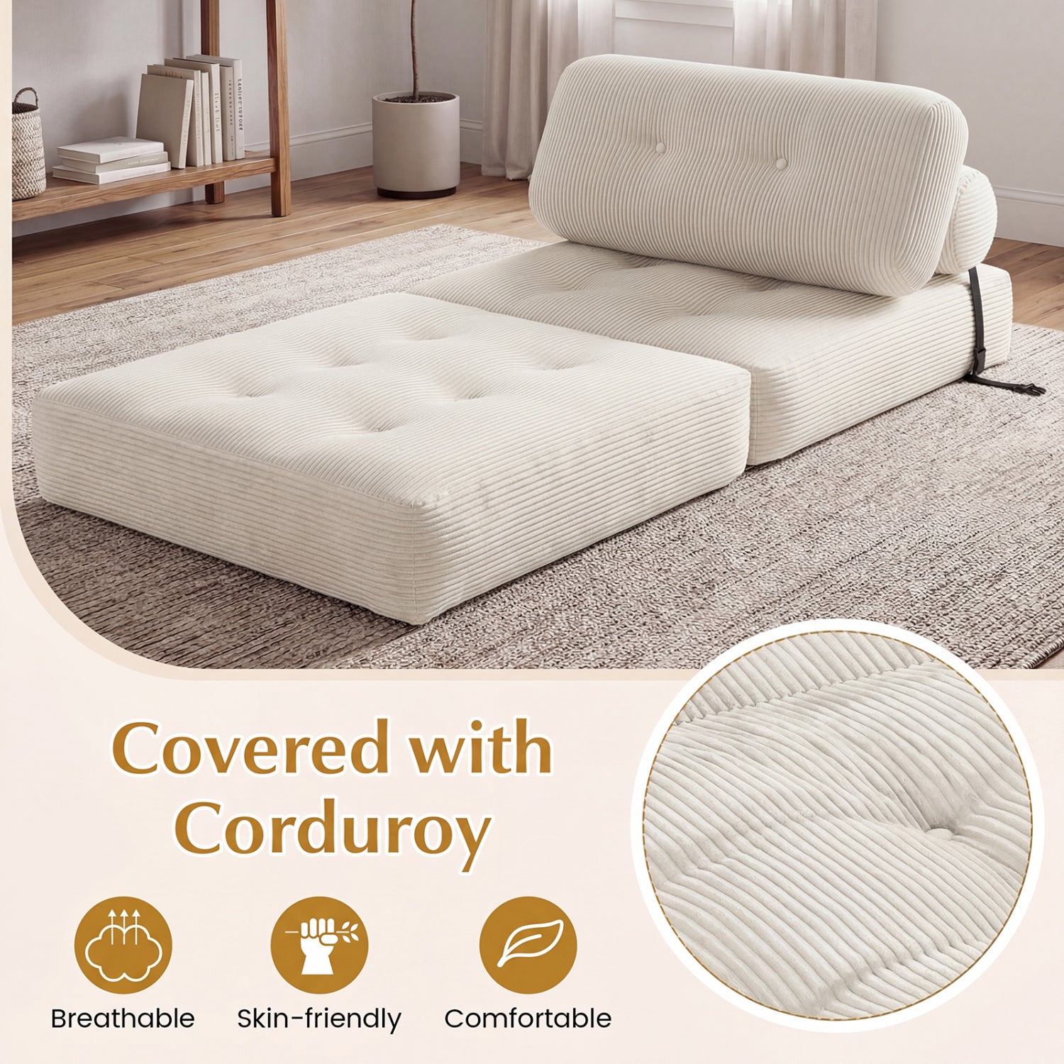 Folding Sofa Bed with Pillow and Back Support for Living Room-Beige