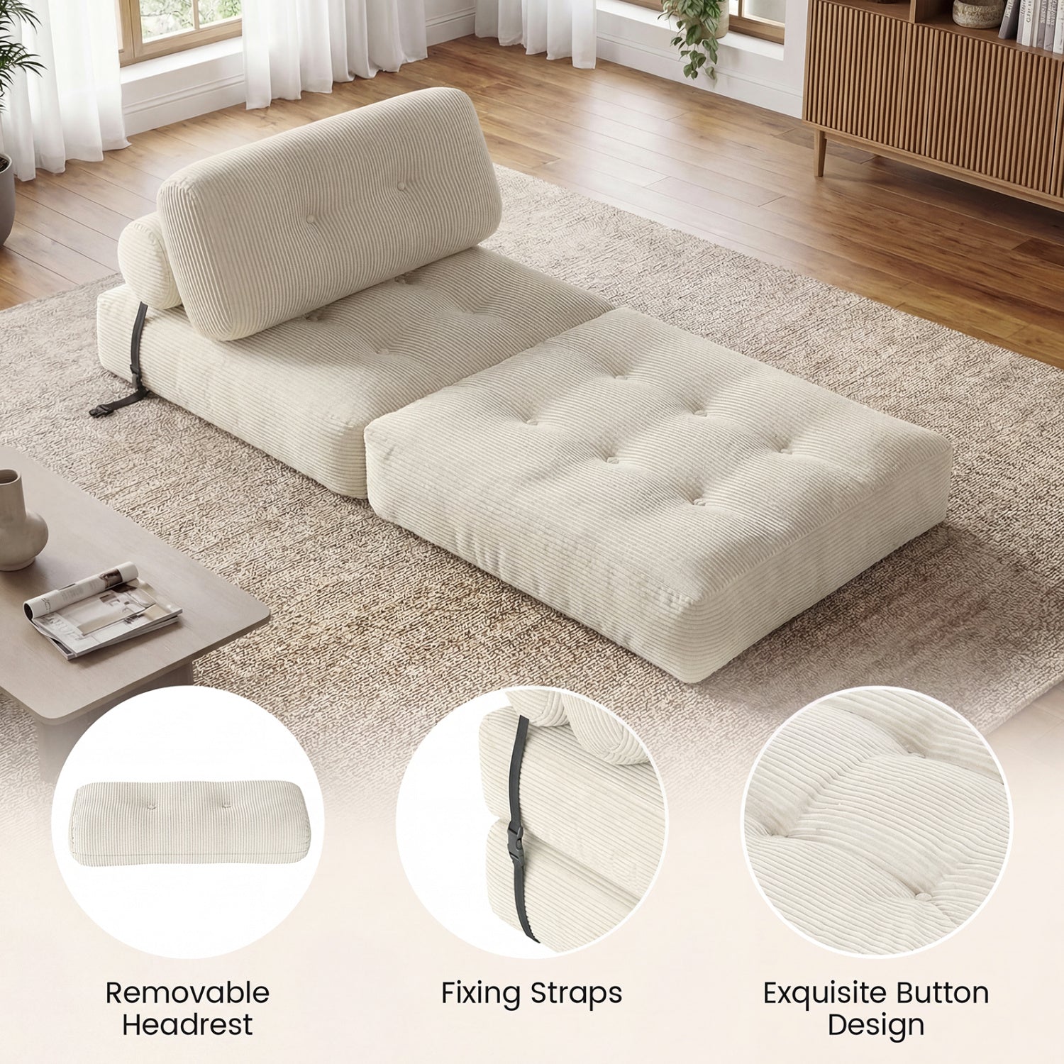 Folding Sofa Bed with Pillow and Back Support for Living Room-Beige