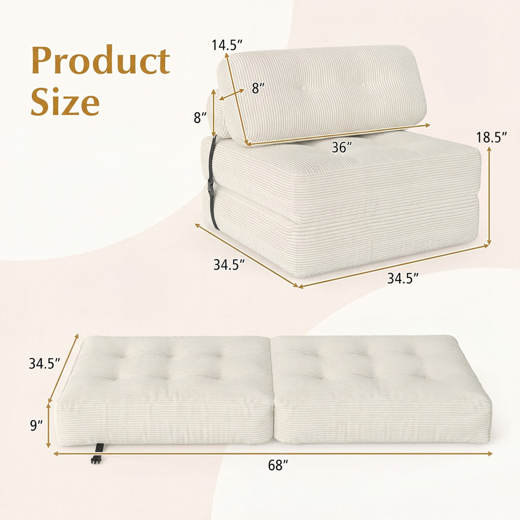 Folding Sofa Bed with Pillow and Back Support for Living Room-Beige