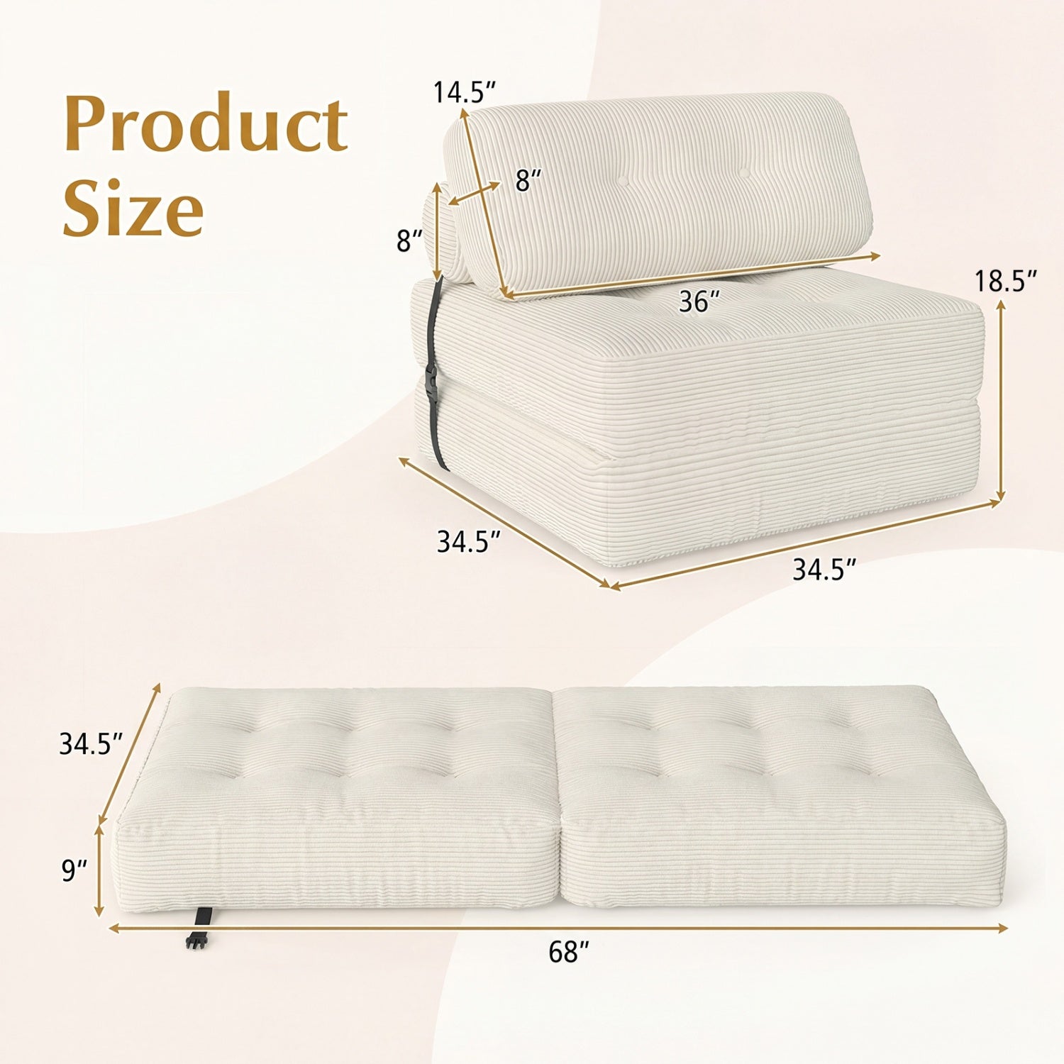 Folding Sofa Bed with Pillow and Back Support for Living Room-Beige