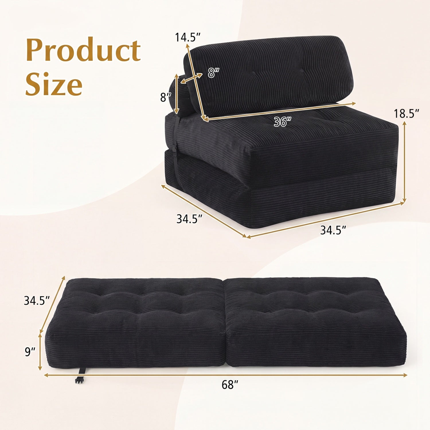 Folding Sofa Bed with Pillow and Back Support for Living Room-Black