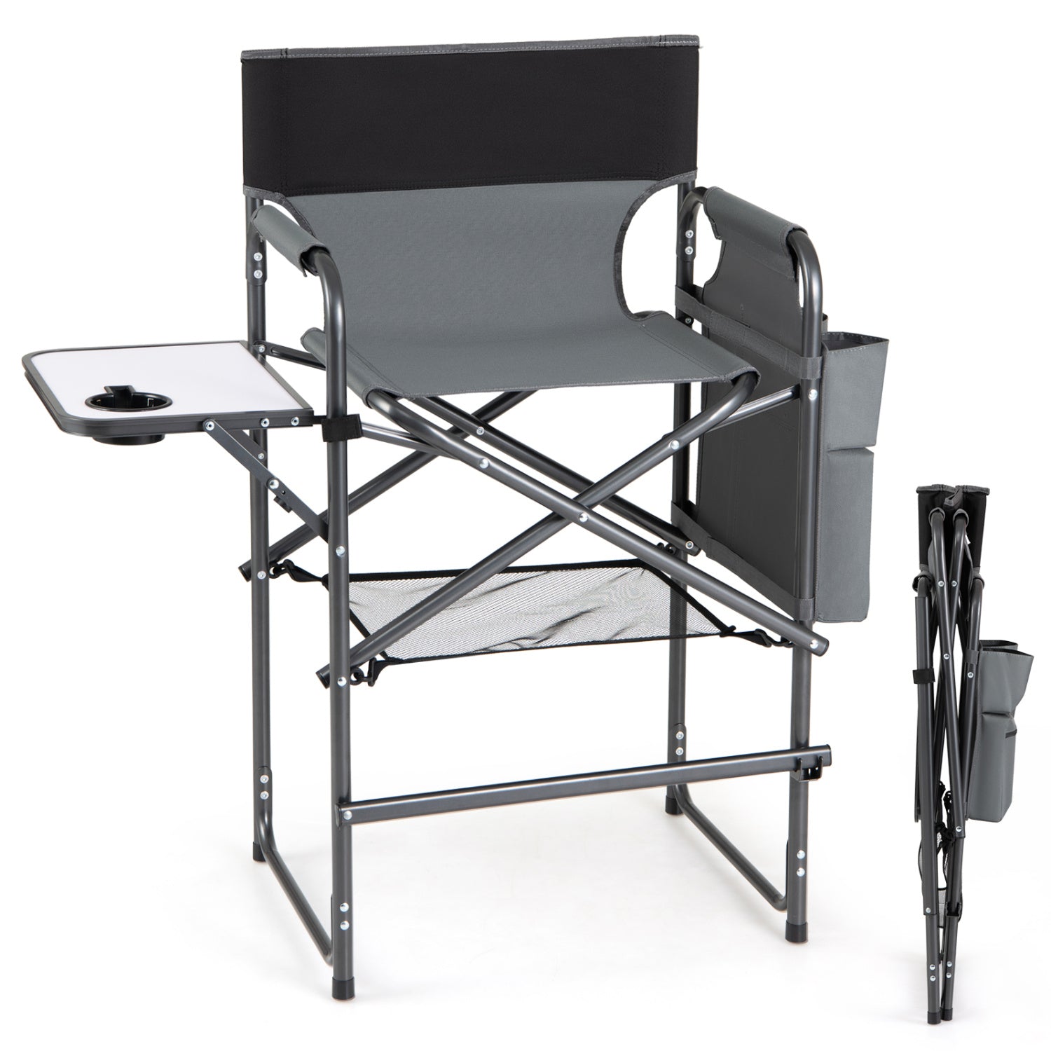 Folding Tall Director Chair 26 Inch Seat Height Portable Camping Chair with Side Table-Gray