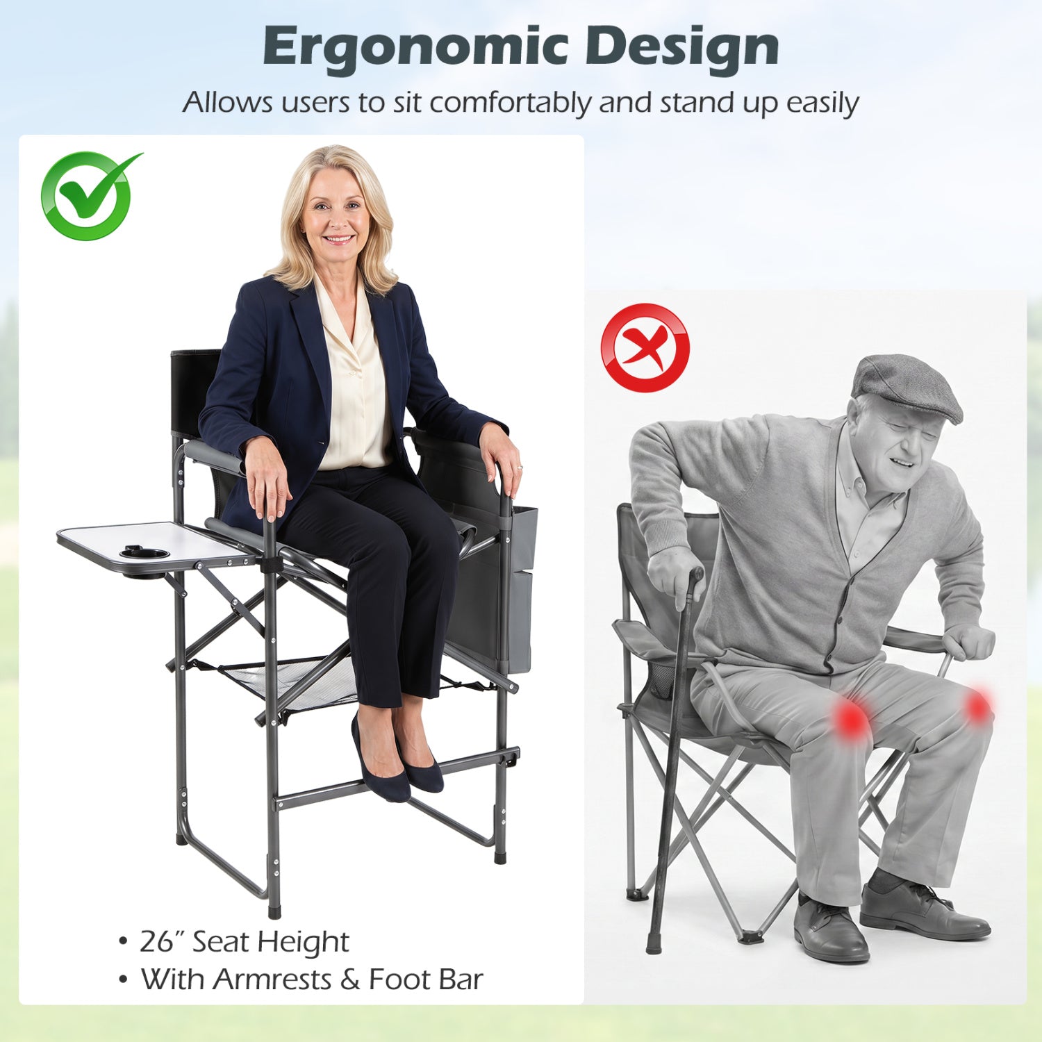 Folding Tall Director Chair 26 Inch Seat Height Portable Camping Chair with Side Table-Gray