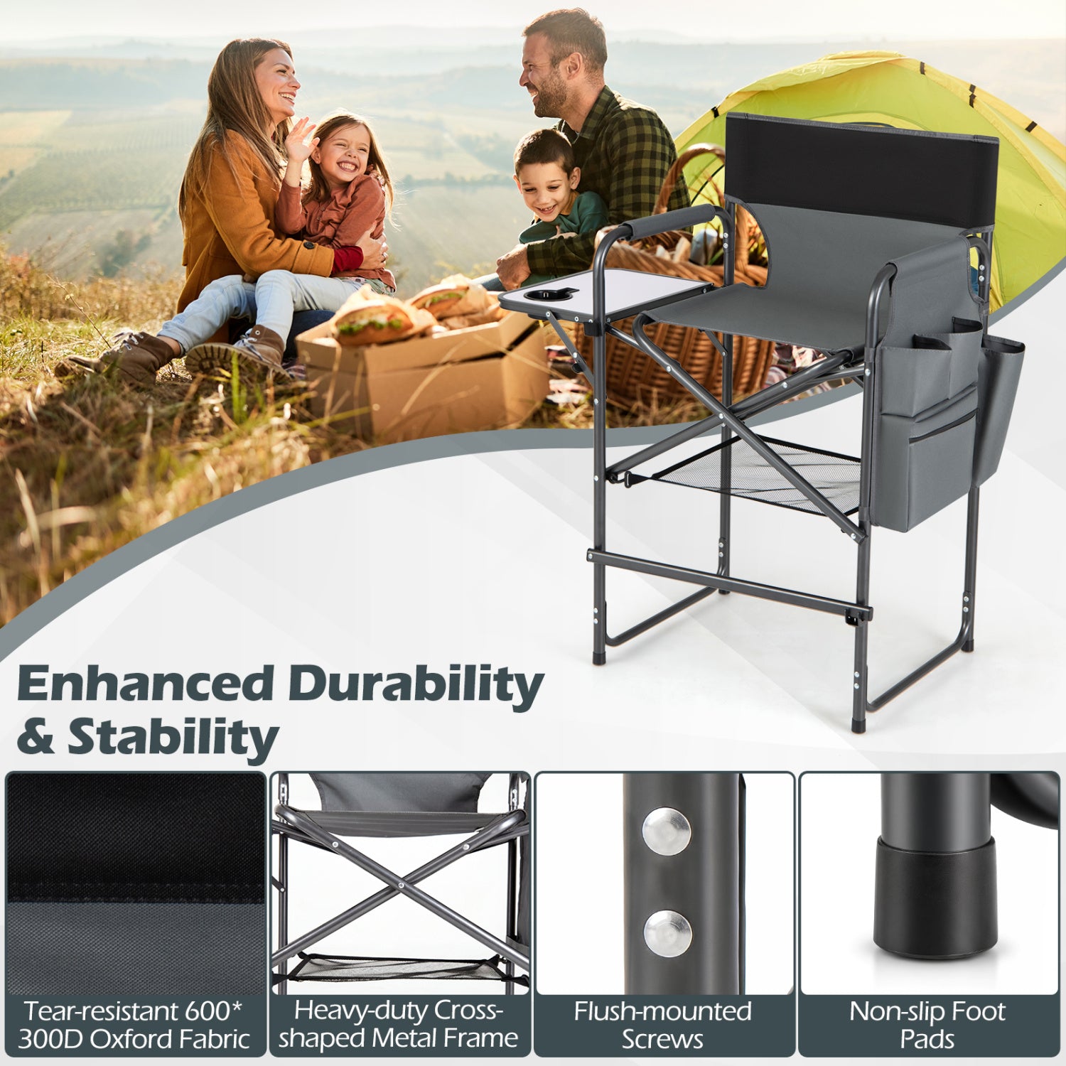 Folding Tall Director Chair 26 Inch Seat Height Portable Camping Chair with Side Table-Gray