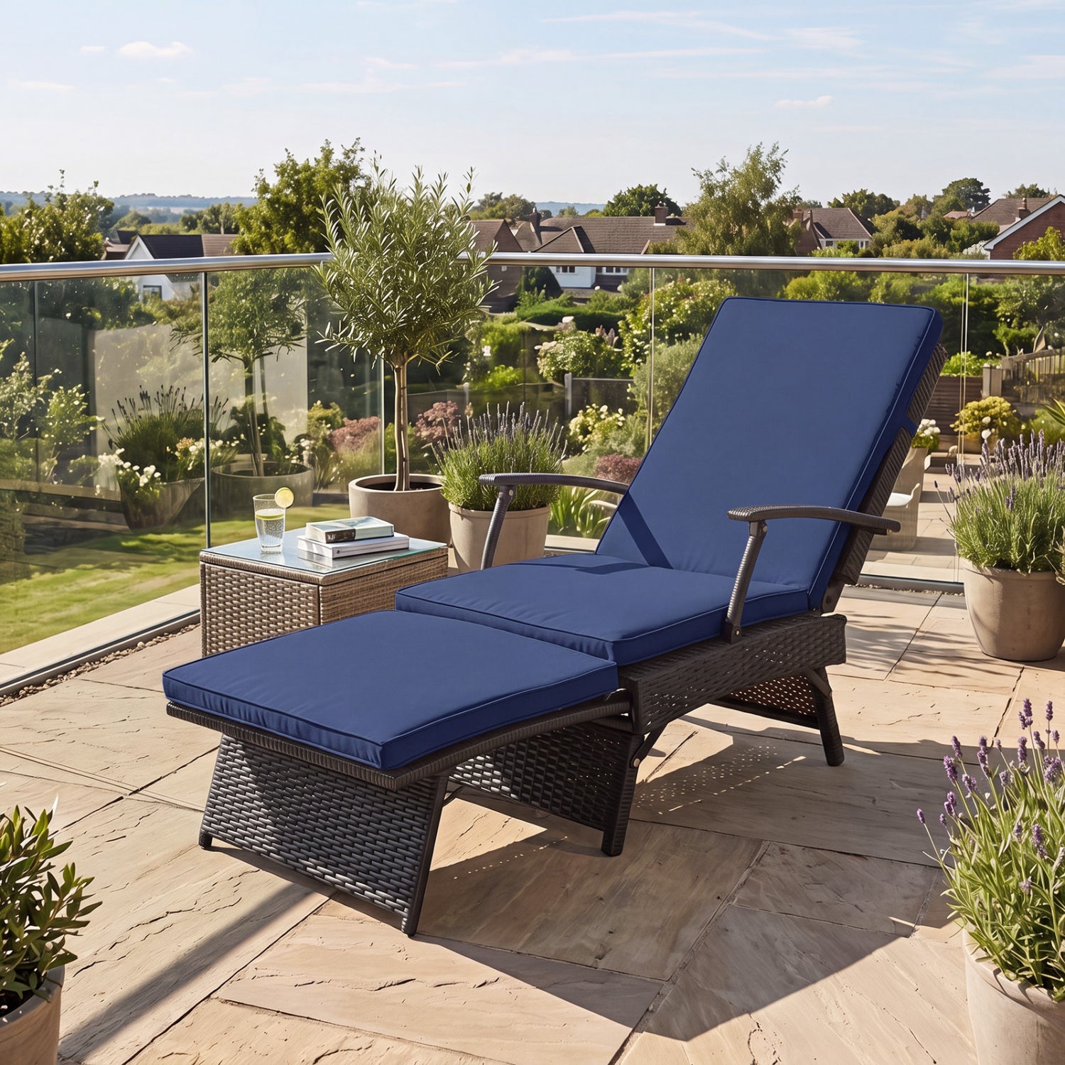 Folding Wicker Chaise Lounge with Slide-Out Ottoman11-Level Adjustable Backrest to Flat and Sun-Proof PE Rattan-Navy