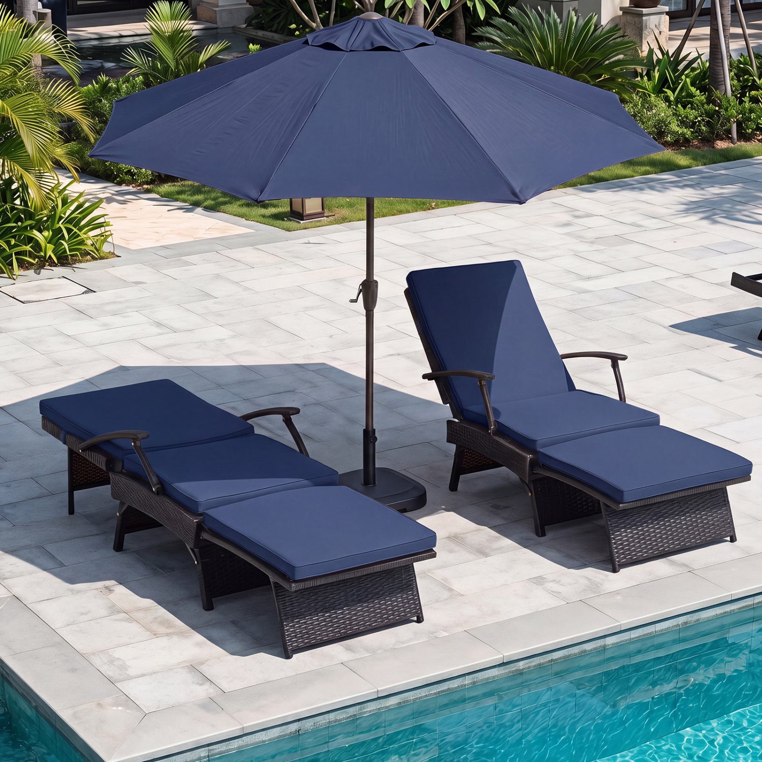 Folding Wicker Chaise Lounge with Slide-Out Ottoman11-Level Adjustable Backrest to Flat and Sun-Proof PE Rattan-Navy