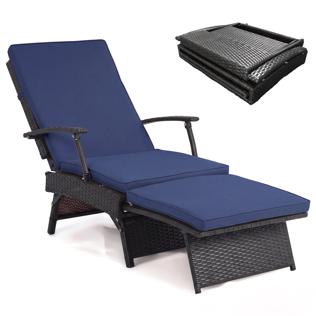 Folding Wicker Chaise Lounge with Slide-Out Ottoman11-Level Adjustable Backrest to Flat and Sun-Proof PE Rattan-Navy