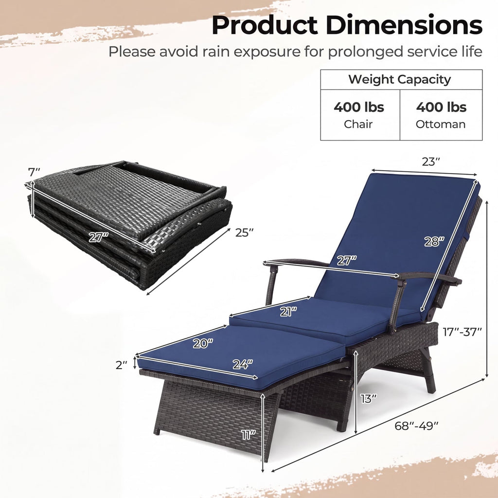 Folding Wicker Chaise Lounge with Slide-Out Ottoman11-Level Adjustable Backrest to Flat and Sun-Proof PE Rattan-Navy