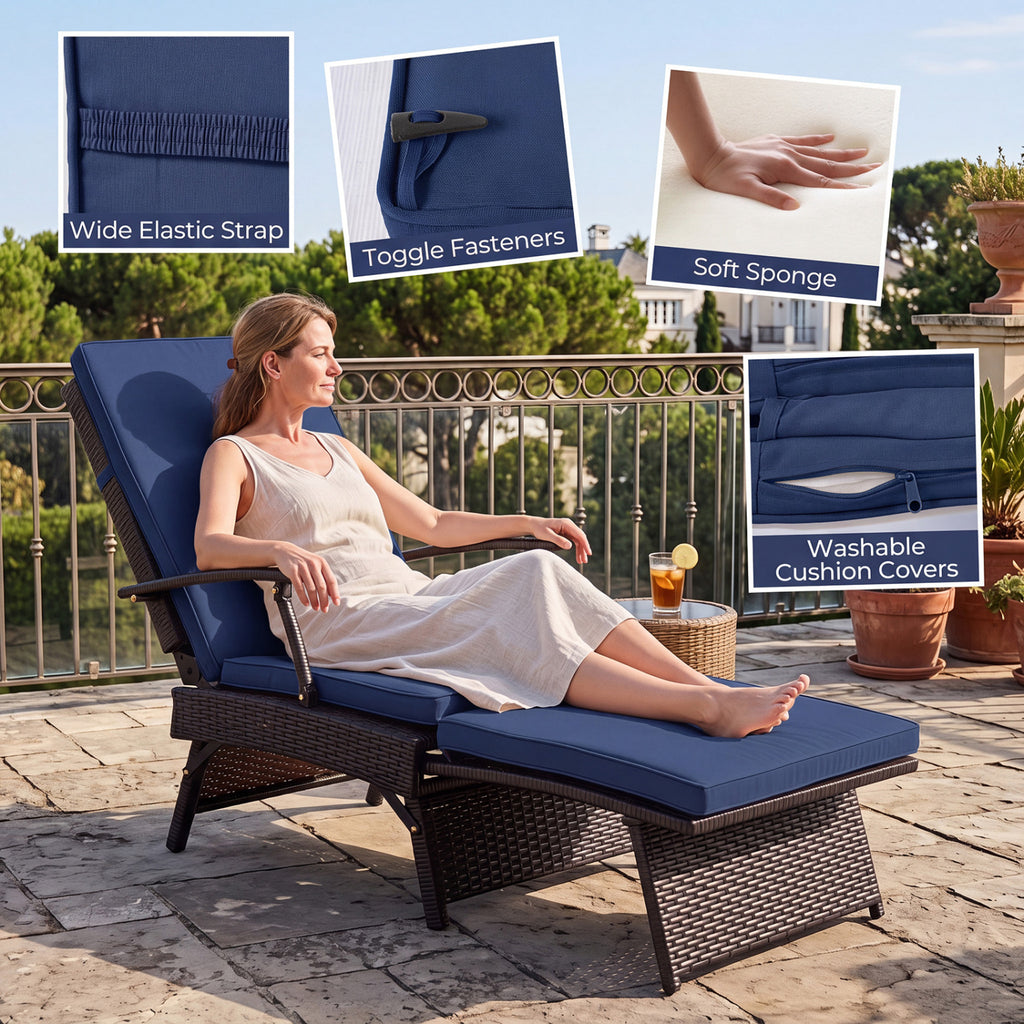 Folding Wicker Chaise Lounge with Slide-Out Ottoman11-Level Adjustable Backrest to Flat and Sun-Proof PE Rattan-Navy