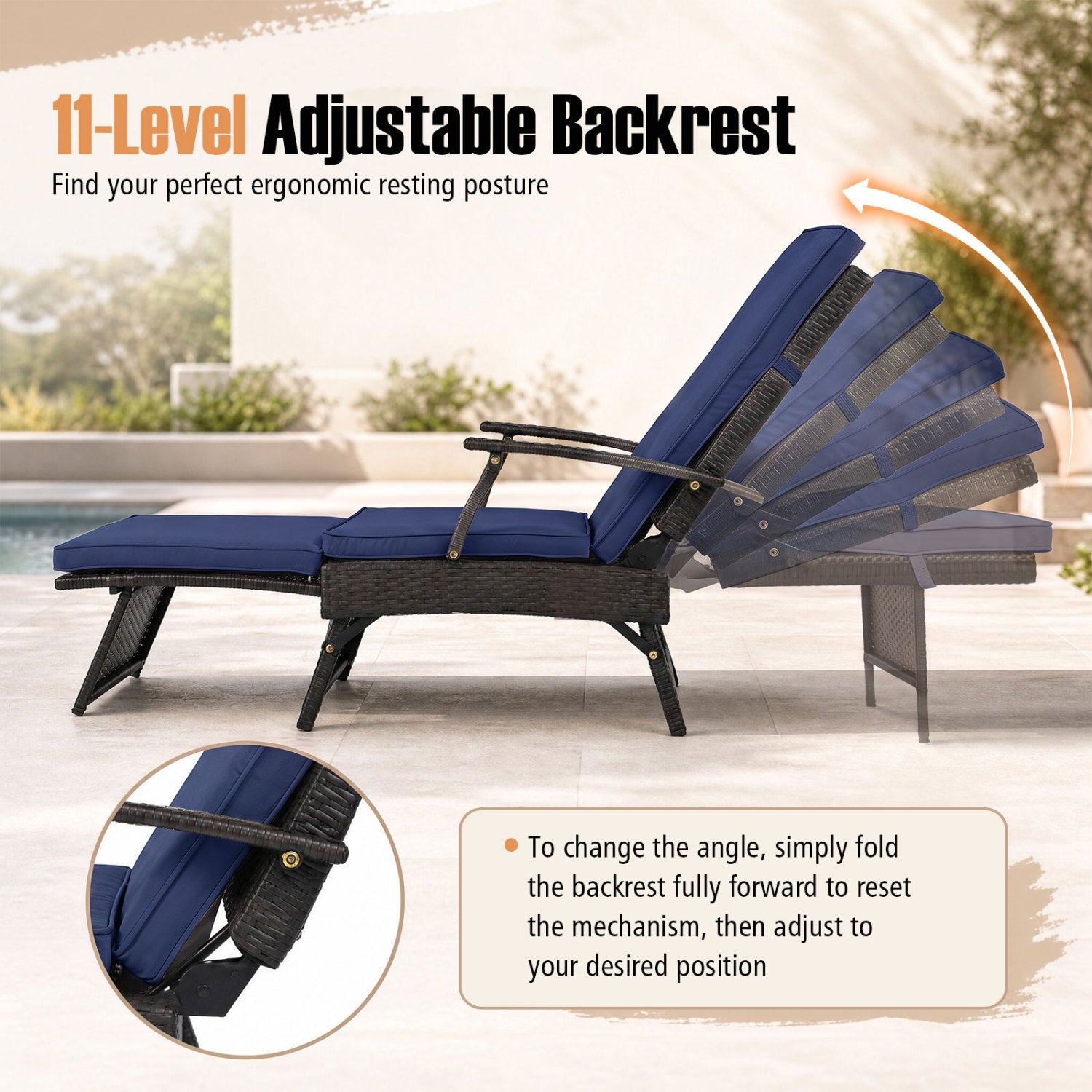 Folding Wicker Chaise Lounge with Slide-Out Ottoman11-Level Adjustable Backrest to Flat and Sun-Proof PE Rattan-Navy
