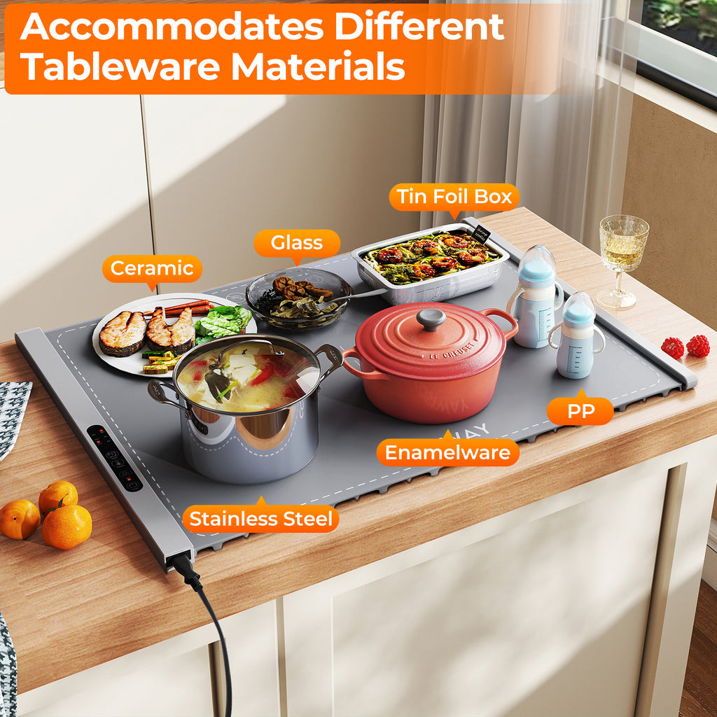 Food Warming Mat Rollable and Portable Electric Warming Tray with Fasting Heating-Gray