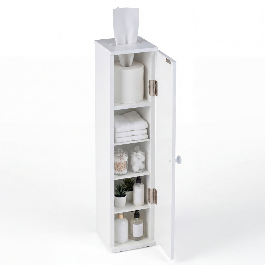 Free Standing Toilet Paper Holder with 4 Shelves and Top Slot for Bathroom-White