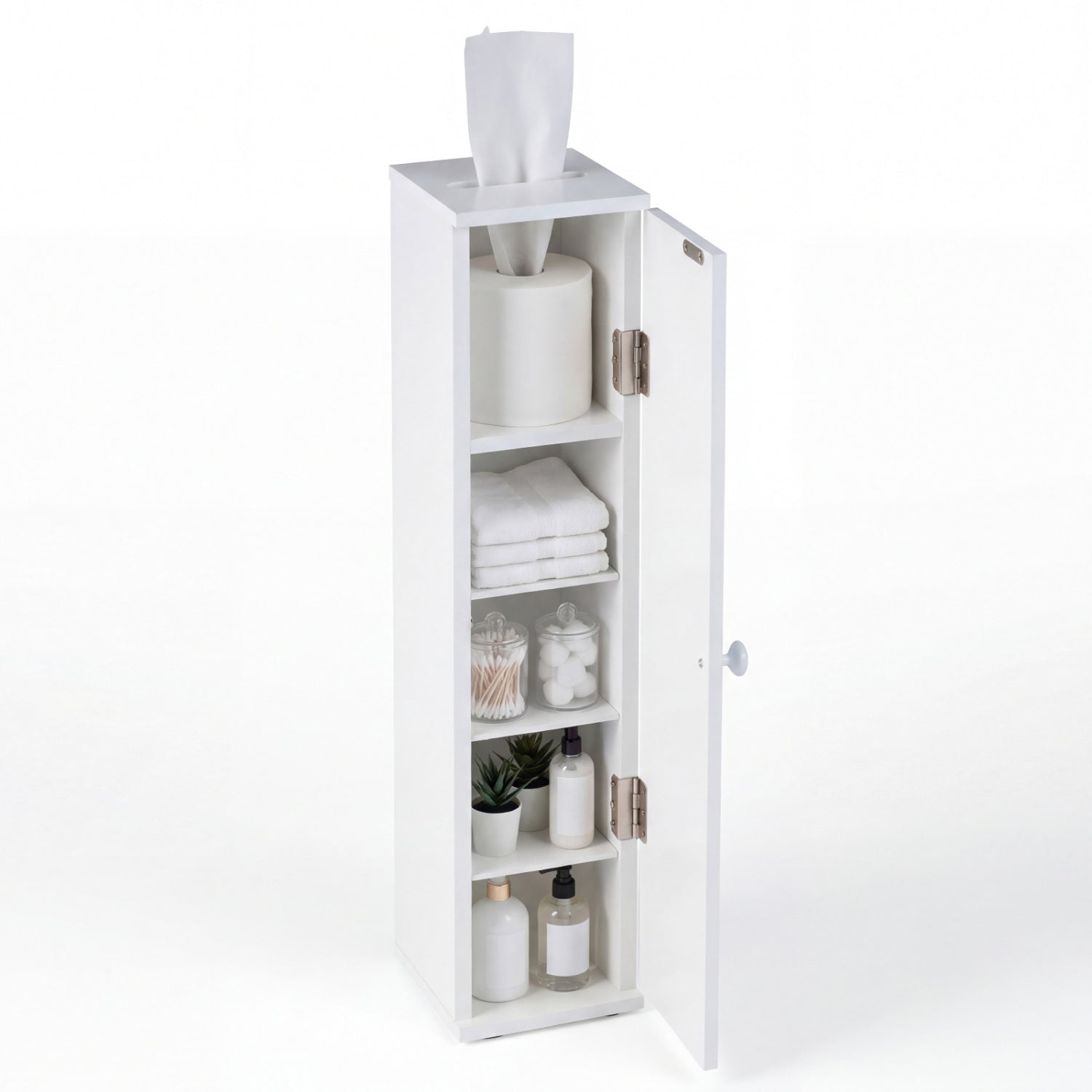 Free Standing Toilet Paper Holder with 4 Shelves and Top Slot for Bathroom-White