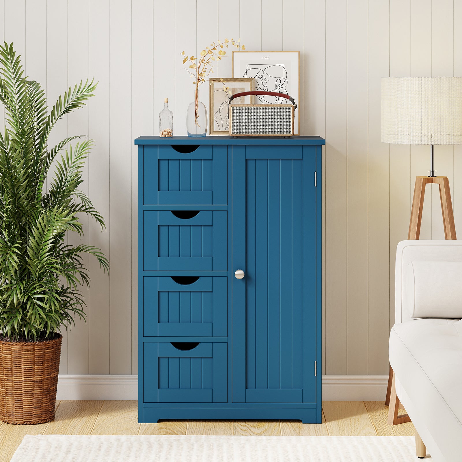 Free-Standing Wooden Cabinet with 4 Drawers and Door Cabinet-Blue