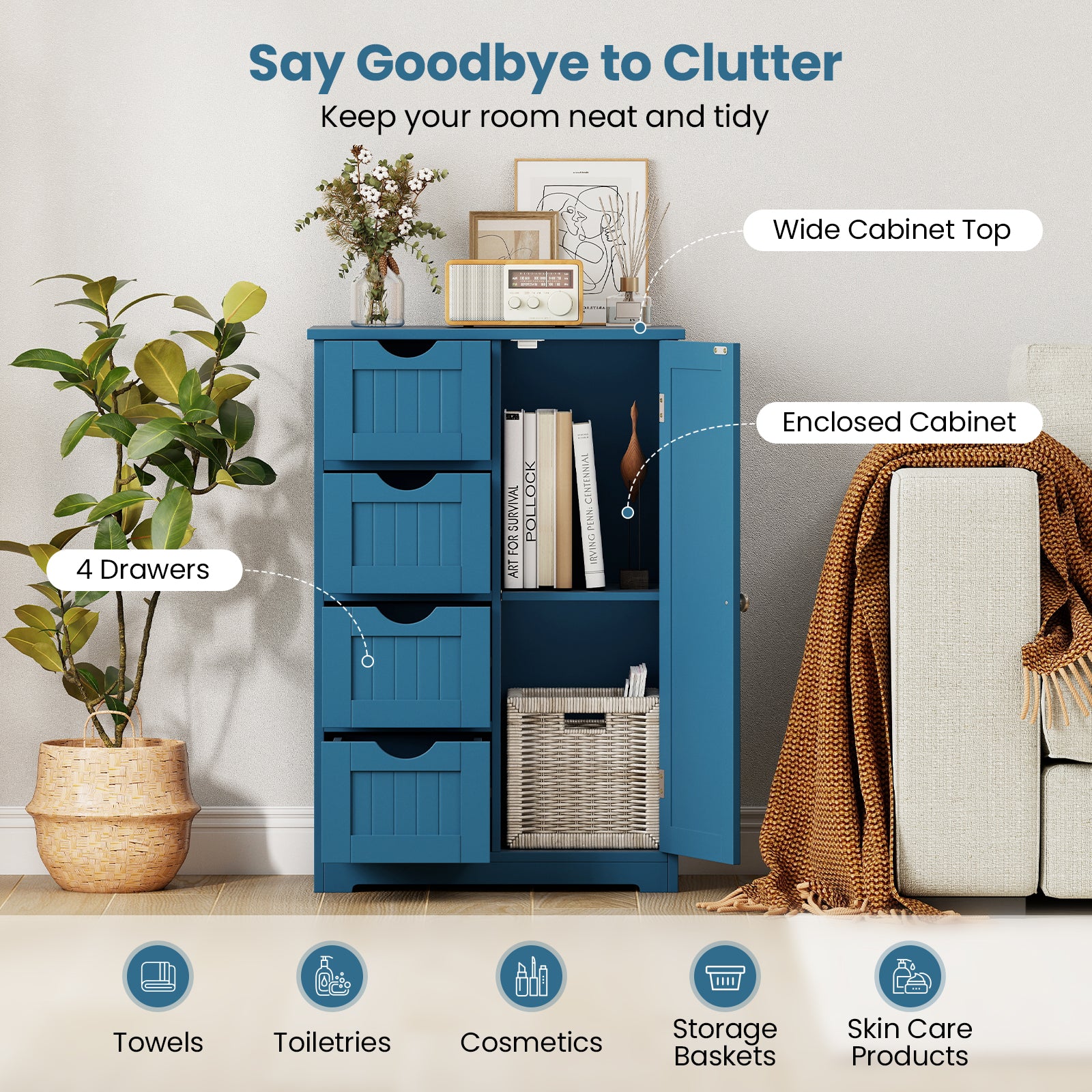 Free-Standing Wooden Cabinet with 4 Drawers and Door Cabinet-Blue