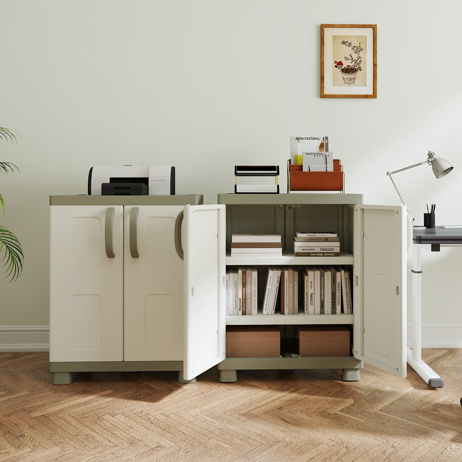 Freestanding Buffet Cabinet Sideboard with 2 Doors and Adjustable Shelves for Kitchen and Garage-Beige