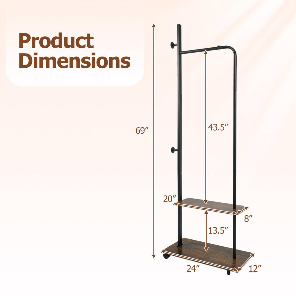 Freestanding Clothing Rack with Wheels and Storage Shelves for Entryway and Bedroom-Rustic Brown