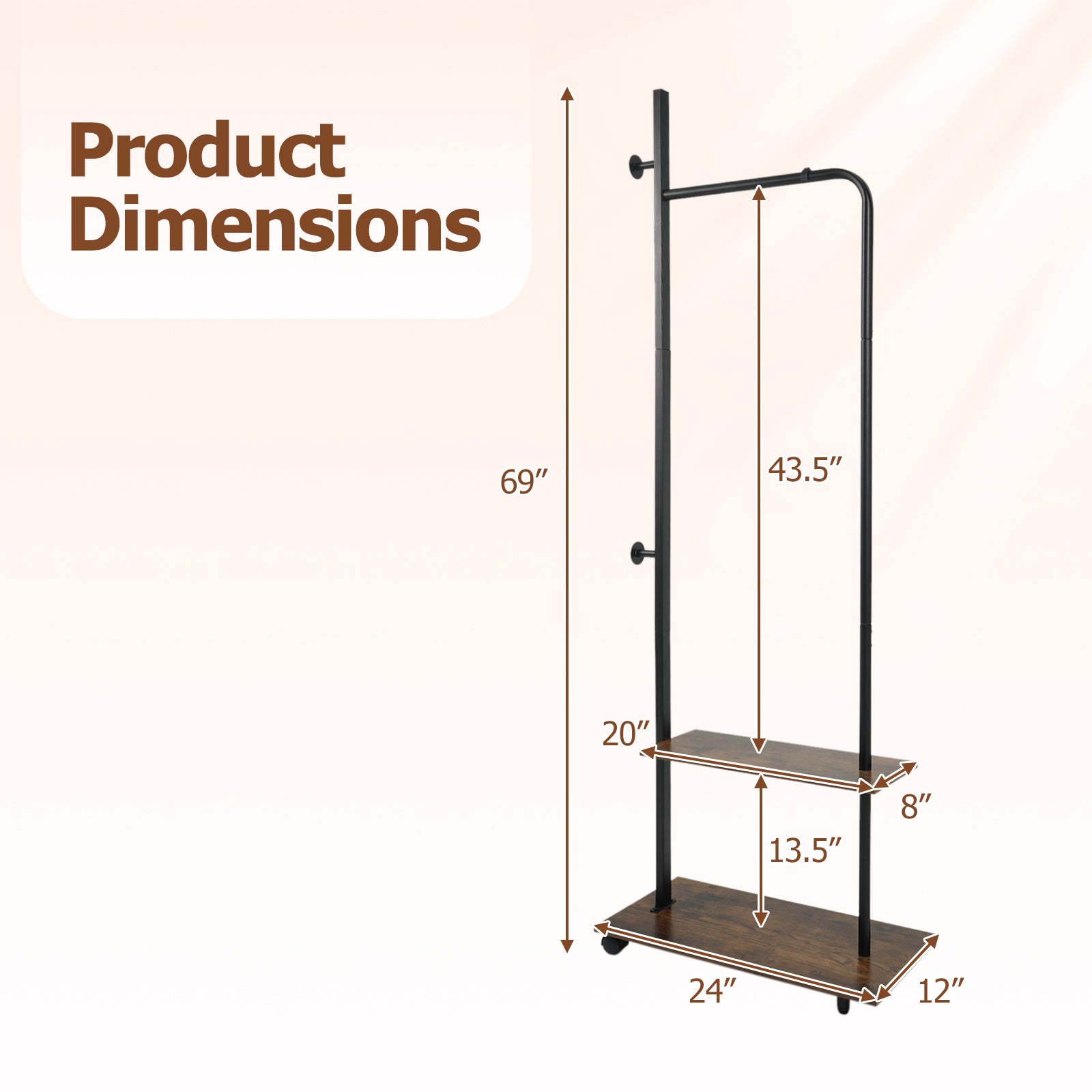 Freestanding Clothing Rack with Wheels and Storage Shelves for Entryway and Bedroom-Rustic Brown
