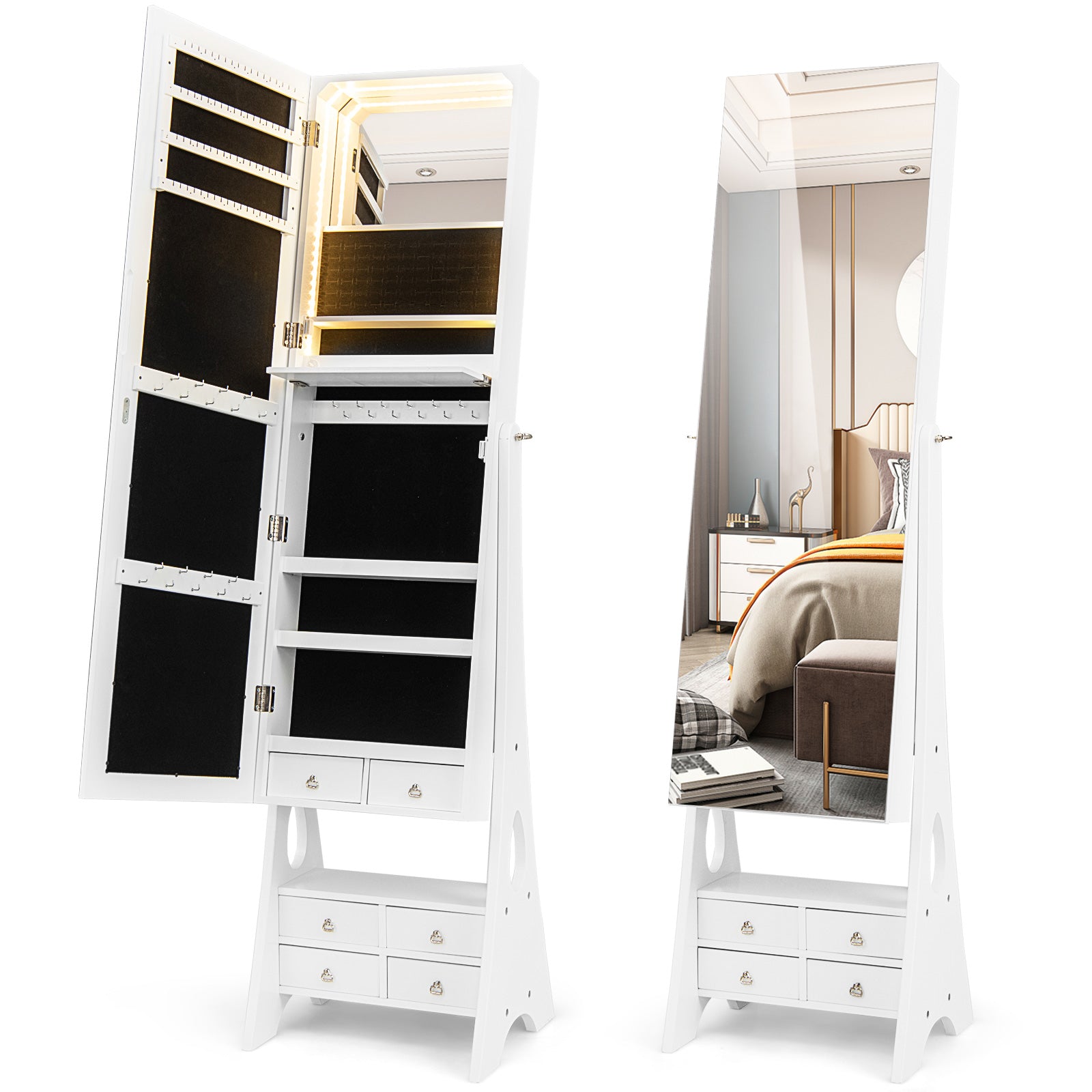 Freestanding Full Length LED Mirrored Jewelry Armoire with 6 Drawers-White