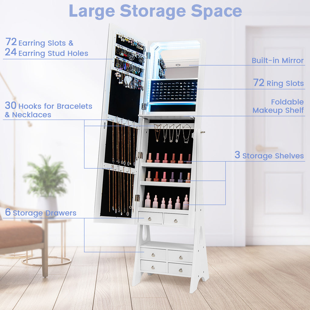 Freestanding Full Length LED Mirrored Jewelry Armoire with 6 Drawers-White