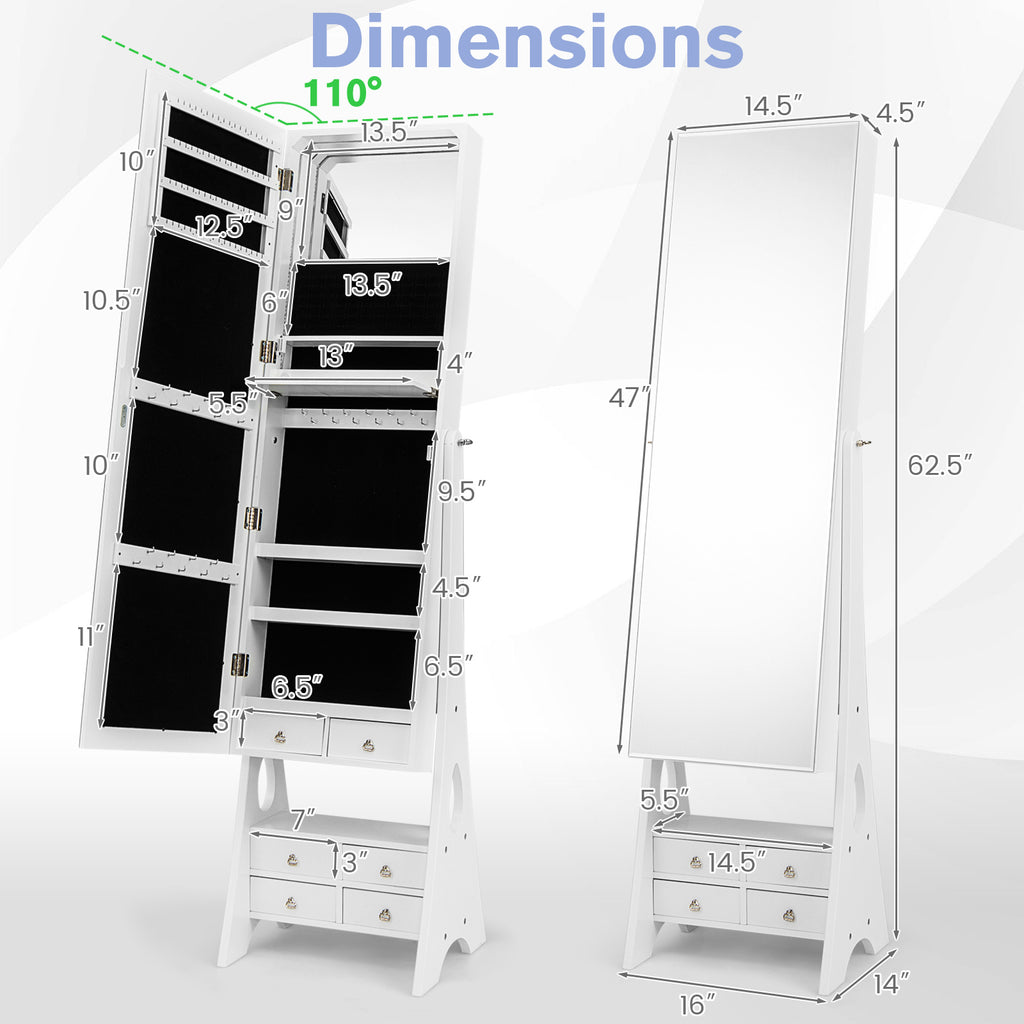 Freestanding Full Length LED Mirrored Jewelry Armoire with 6 Drawers-White