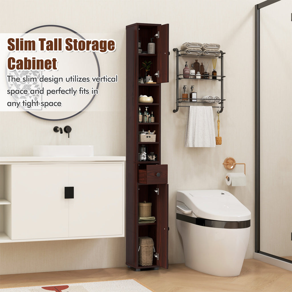 Freestanding Slim Bathroom Cabinet with Drawer and Adjustable Shelves-Brown