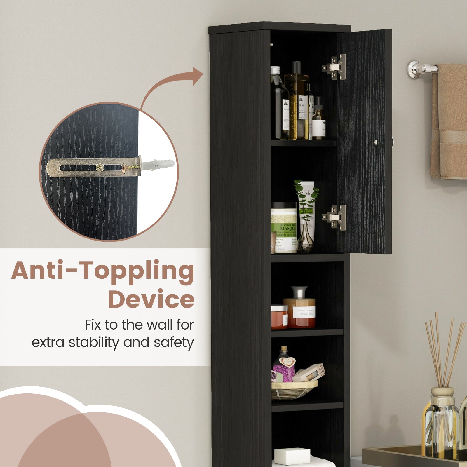 Freestanding Slim Bathroom Cabinet with Drawer and Adjustable Shelves-Black