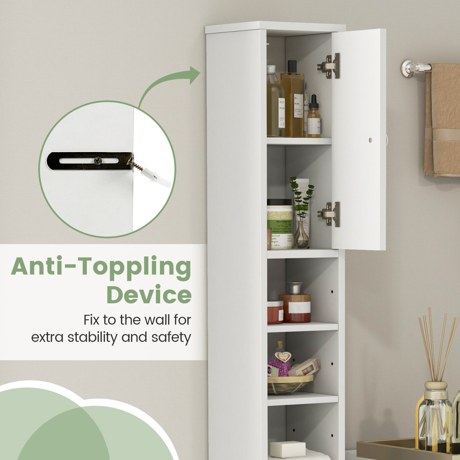 Freestanding Slim Bathroom Cabinet with Drawer and Adjustable Shelves-White