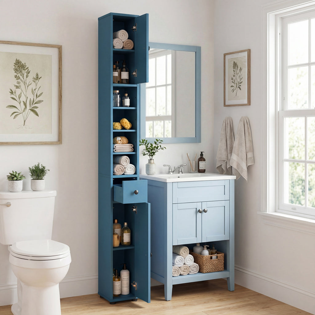 Freestanding Slim Bathroom Cabinet with Drawer and Adjustable Shelves-Blue