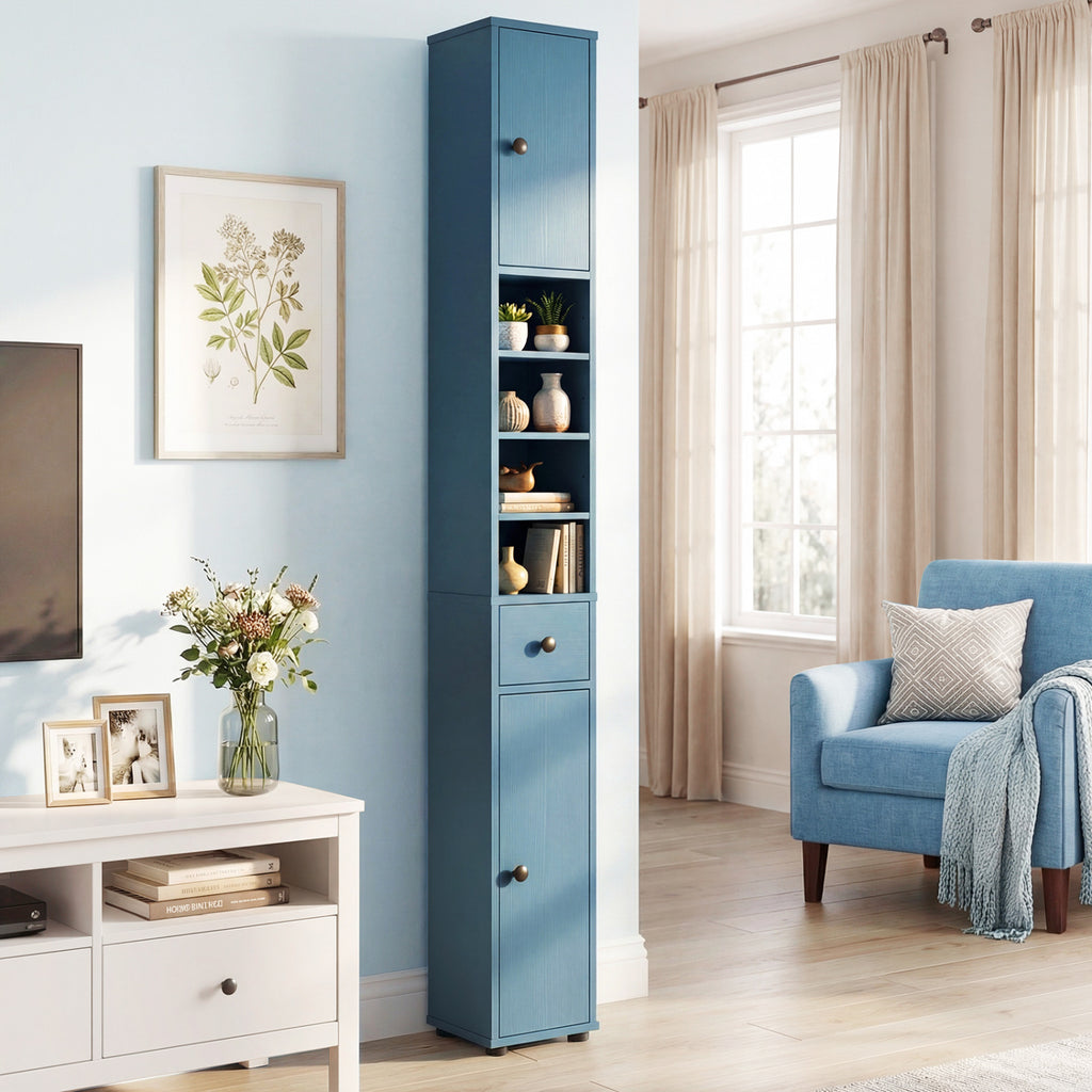 Freestanding Slim Bathroom Cabinet with Drawer and Adjustable Shelves-Blue
