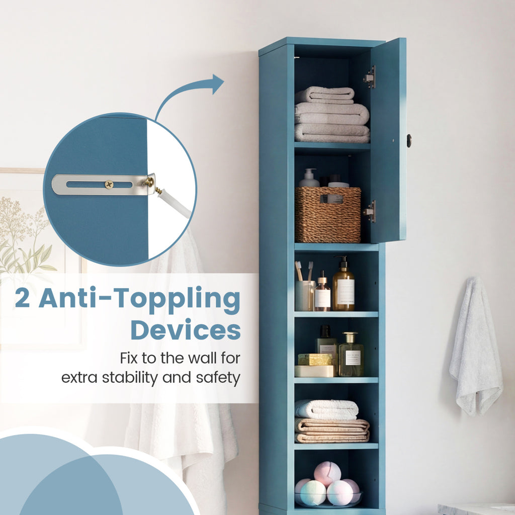 Freestanding Slim Bathroom Cabinet with Drawer and Adjustable Shelves-Blue