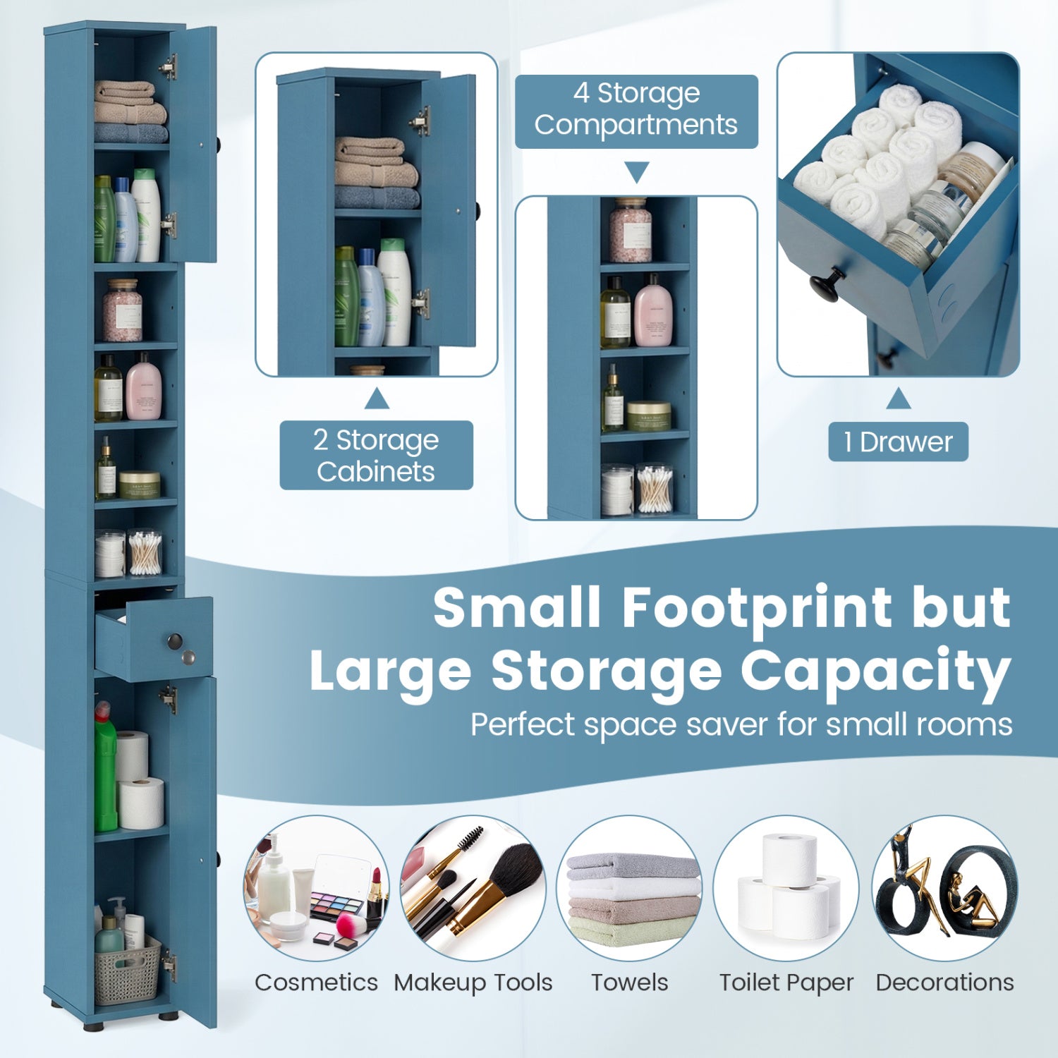 Freestanding Slim Bathroom Cabinet with Drawer and Adjustable Shelves-Blue
