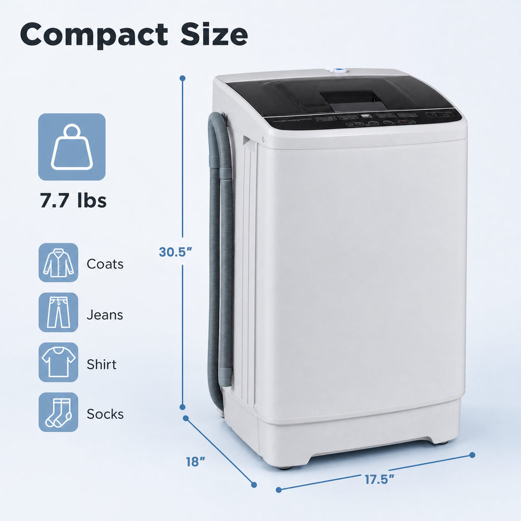 Full Automatic Washing Machine with 8 Preset Programs 6 Water Levels and Built-in Drain Pump-Gray