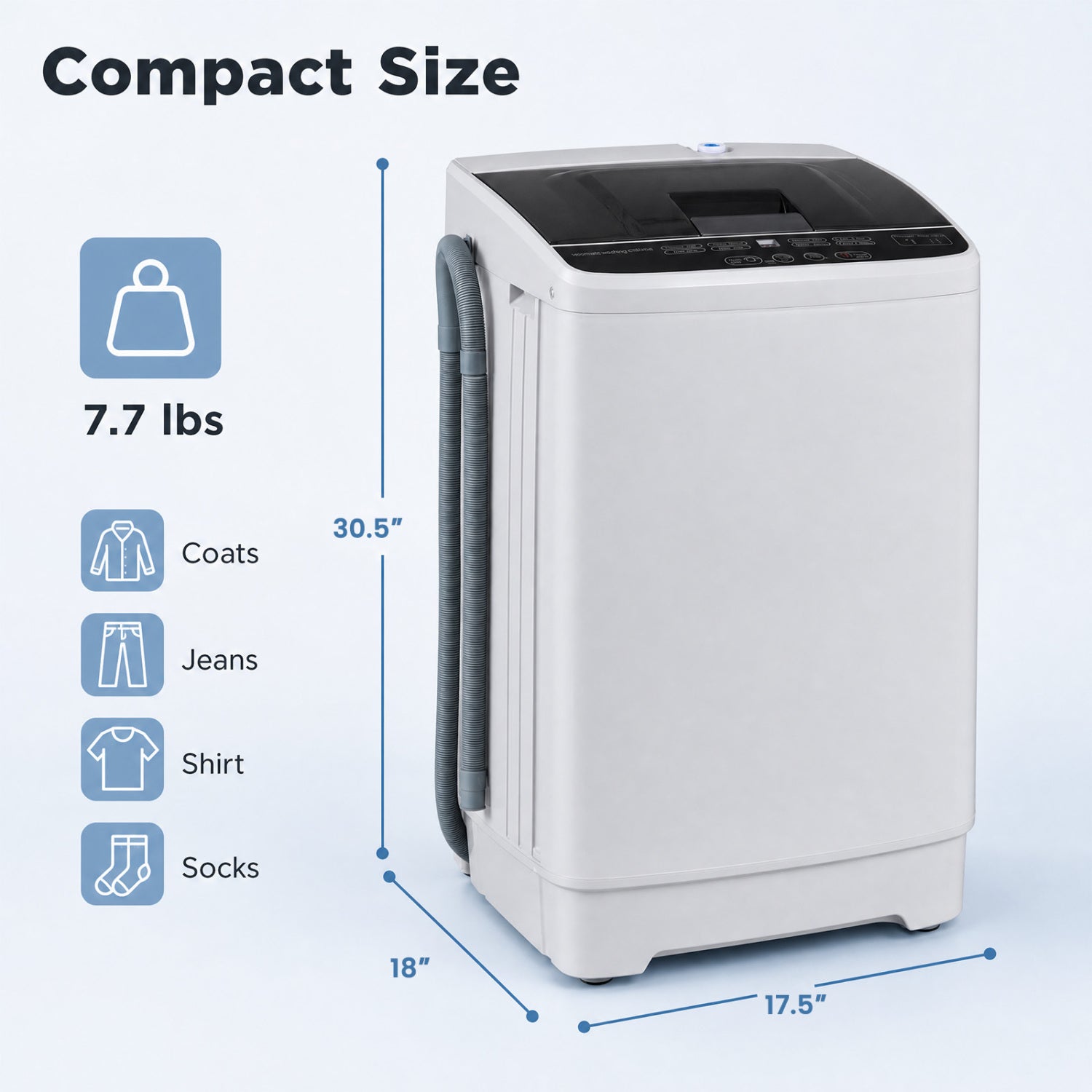 Full Automatic Washing Machine with 8 Preset Programs 6 Water Levels and Built-in Drain Pump-Gray