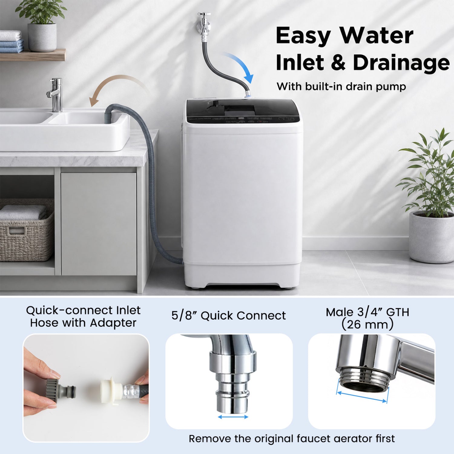 Full Automatic Washing Machine with 8 Preset Programs 6 Water Levels and Built-in Drain Pump-Gray