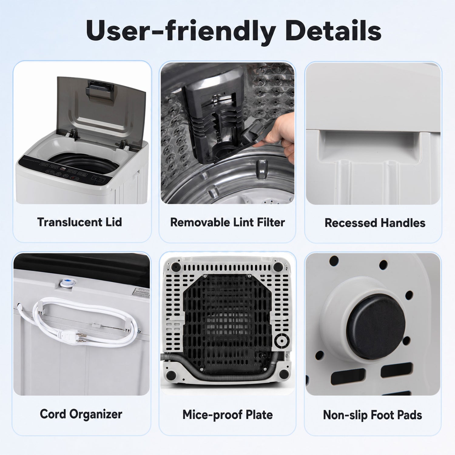 Full Automatic Washing Machine with 8 Preset Programs 6 Water Levels and Built-in Drain Pump-Gray
