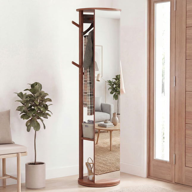 Full Length Mirror Coat Rack Solid Wood Standing Mirror-Walnut