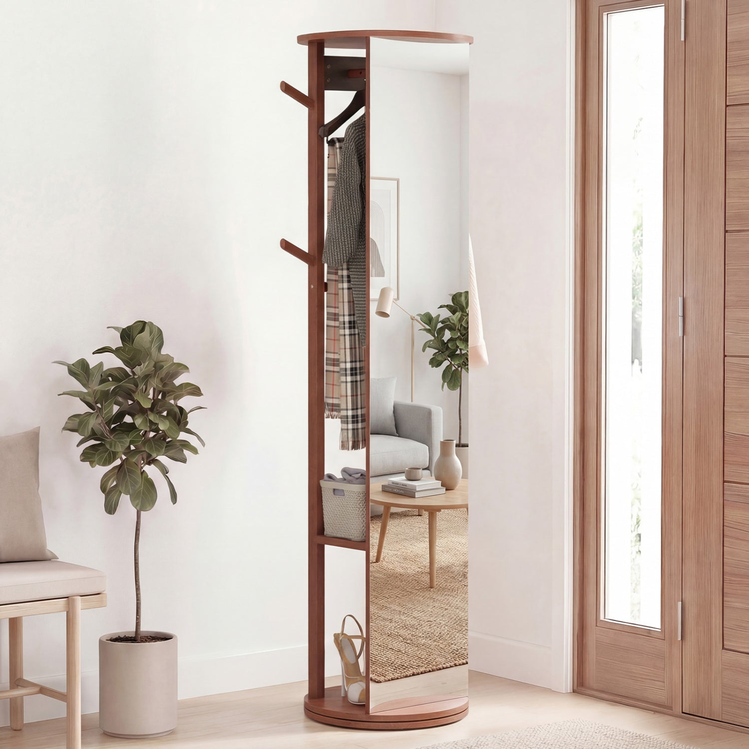 Full Length Mirror Coat Rack Solid Wood Standing Mirror-Walnut