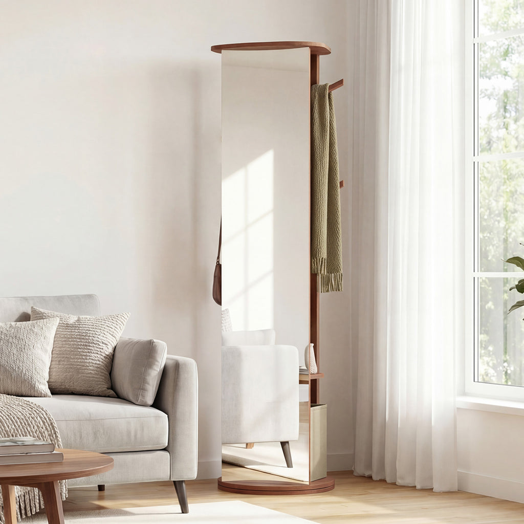Full Length Mirror Coat Rack Solid Wood Standing Mirror-Walnut
