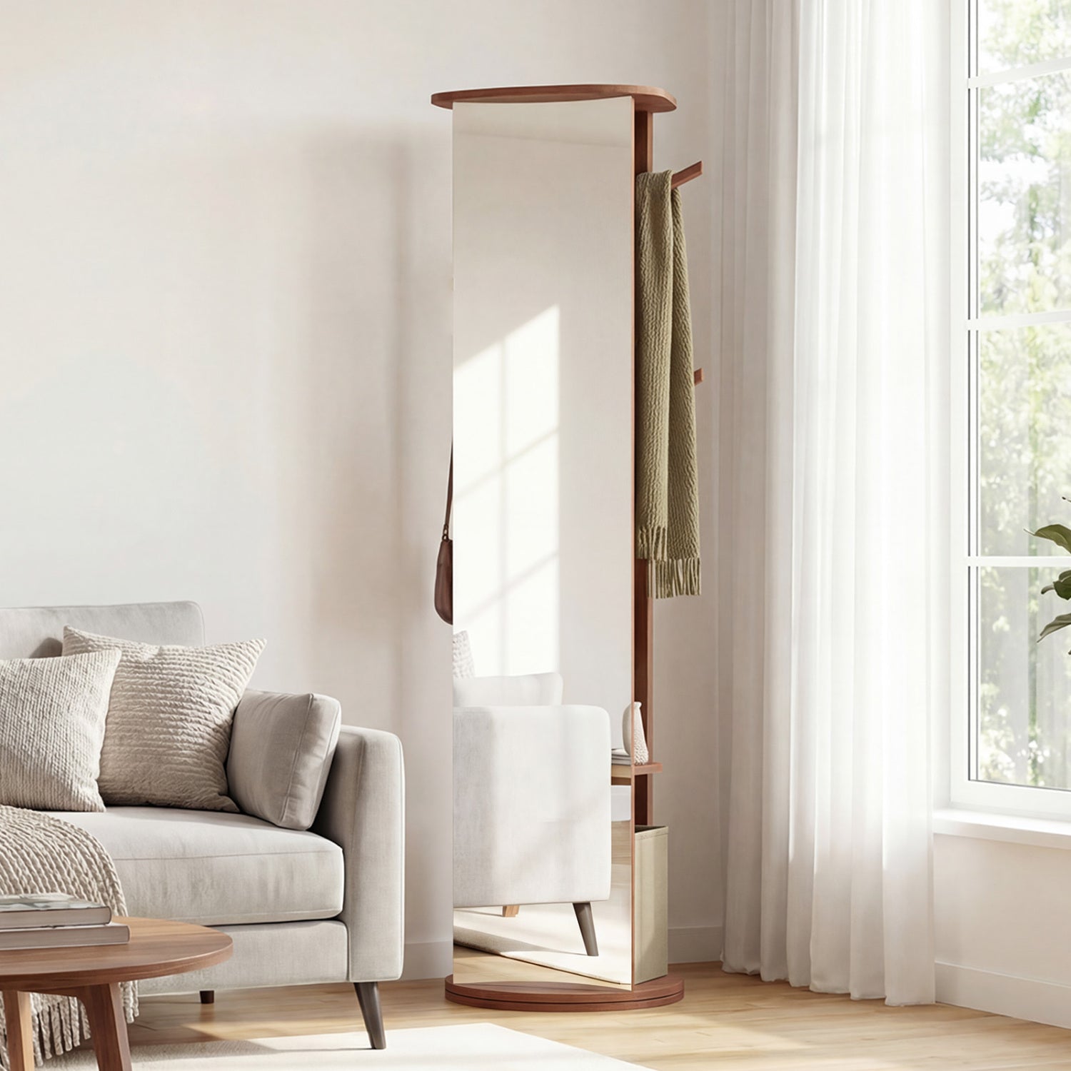 Full Length Mirror Coat Rack Solid Wood Standing Mirror-Walnut