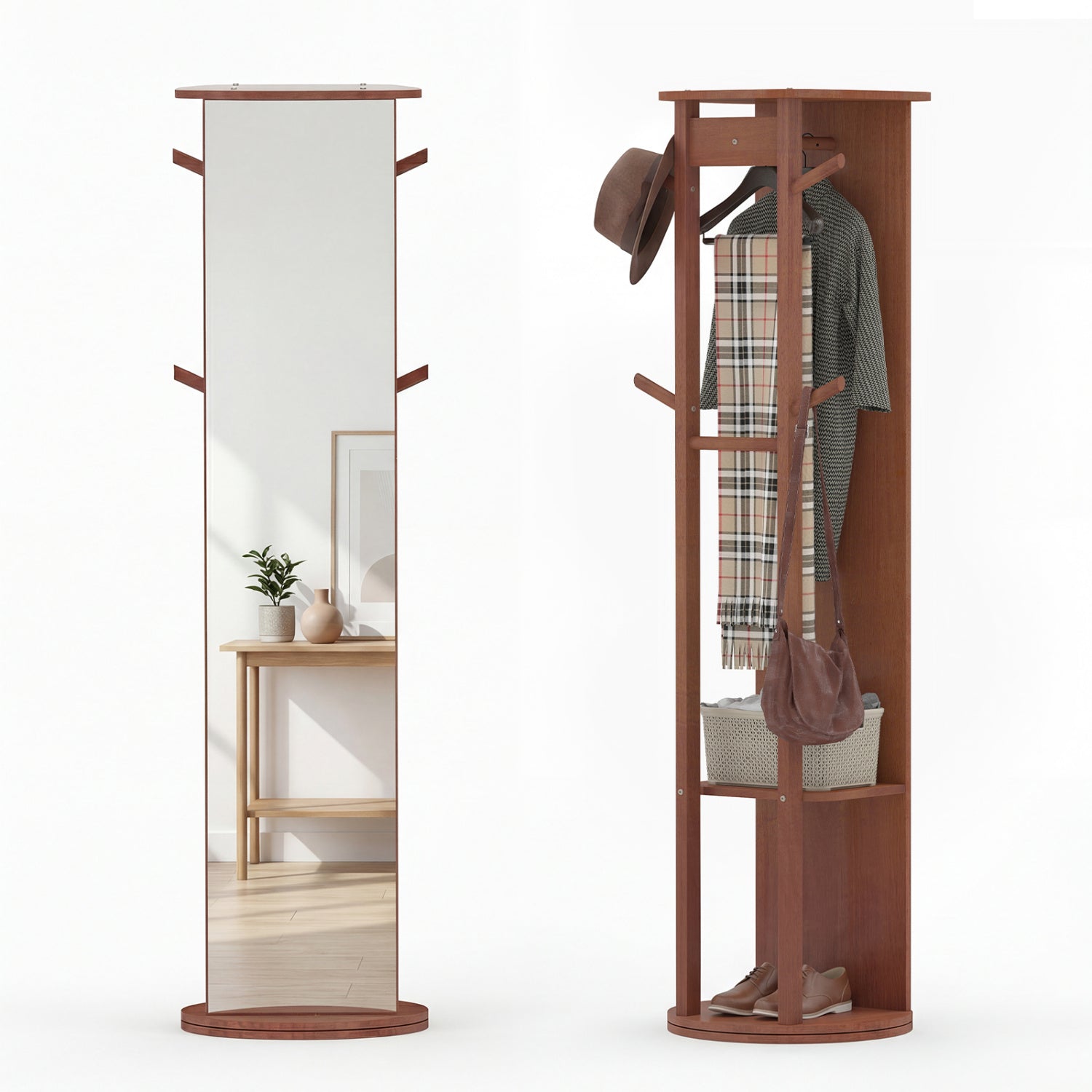 Full Length Mirror Coat Rack Solid Wood Standing Mirror-Walnut