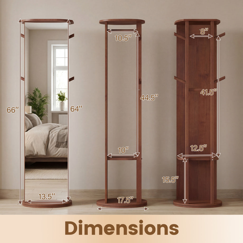 Full Length Mirror Coat Rack Solid Wood Standing Mirror-Walnut