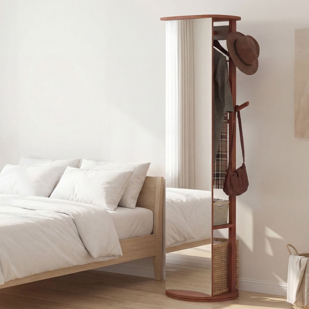Full Length Mirror Coat Rack Solid Wood Standing Mirror-Walnut