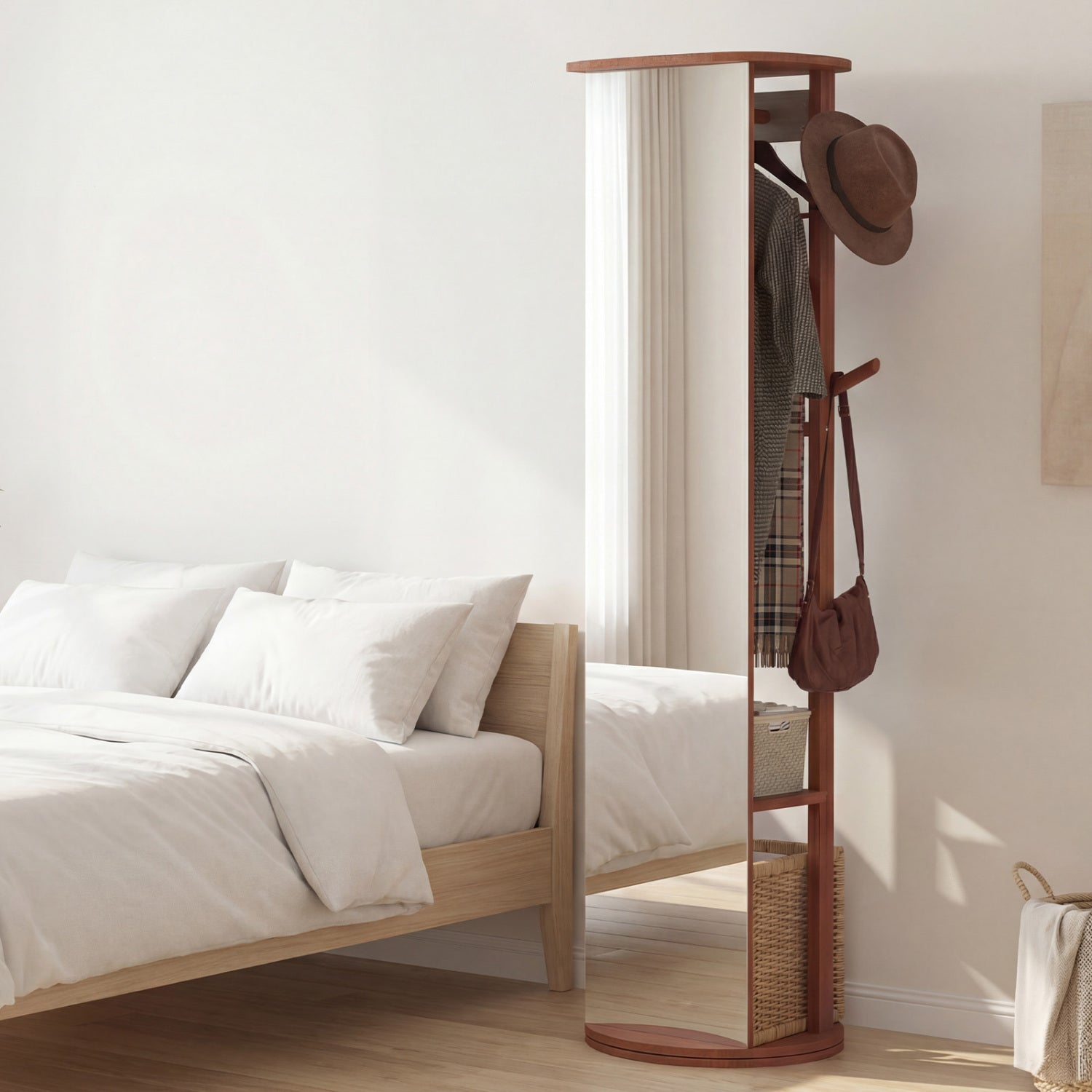 Full Length Mirror Coat Rack Solid Wood Standing Mirror-Walnut